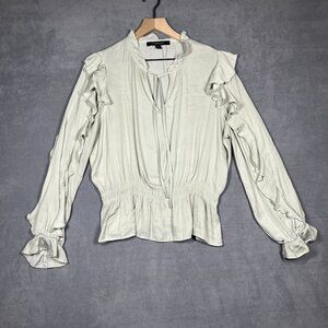 Marc New York Andrew Marc Light Green Blouse M Ruffle Sleeve Peplum Hem Tie Neck